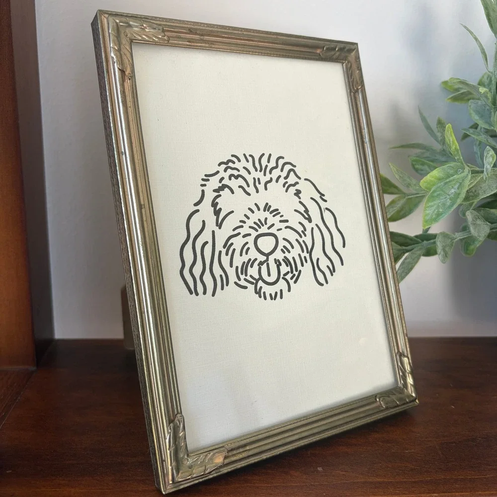 Vintage Brass Frame Goldendoodle Dog Line Art Portrait Minimalist Decor 5x7